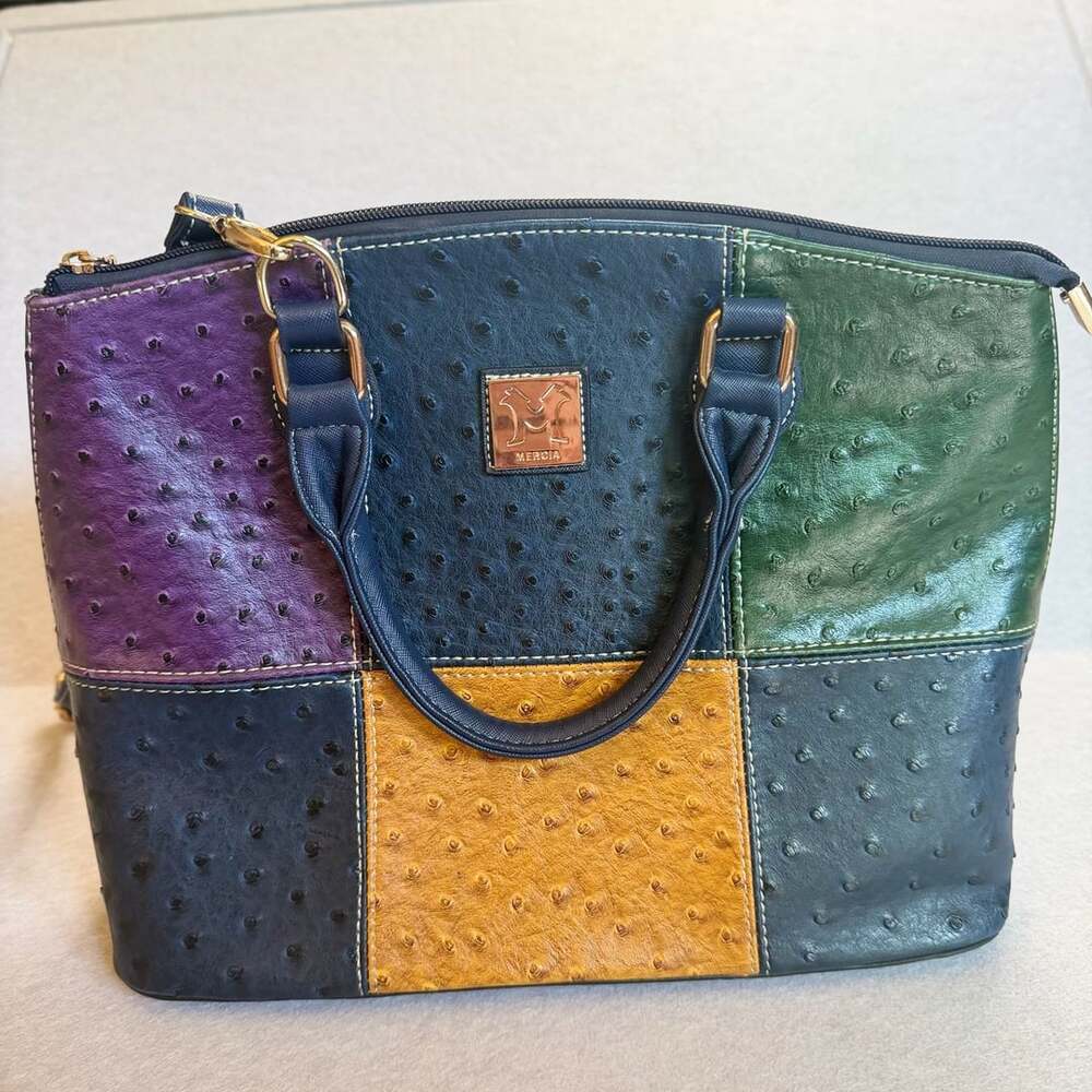 Mercia Multicolor Ostrich Embossed Patchwork Satchel Shoulder Bag New